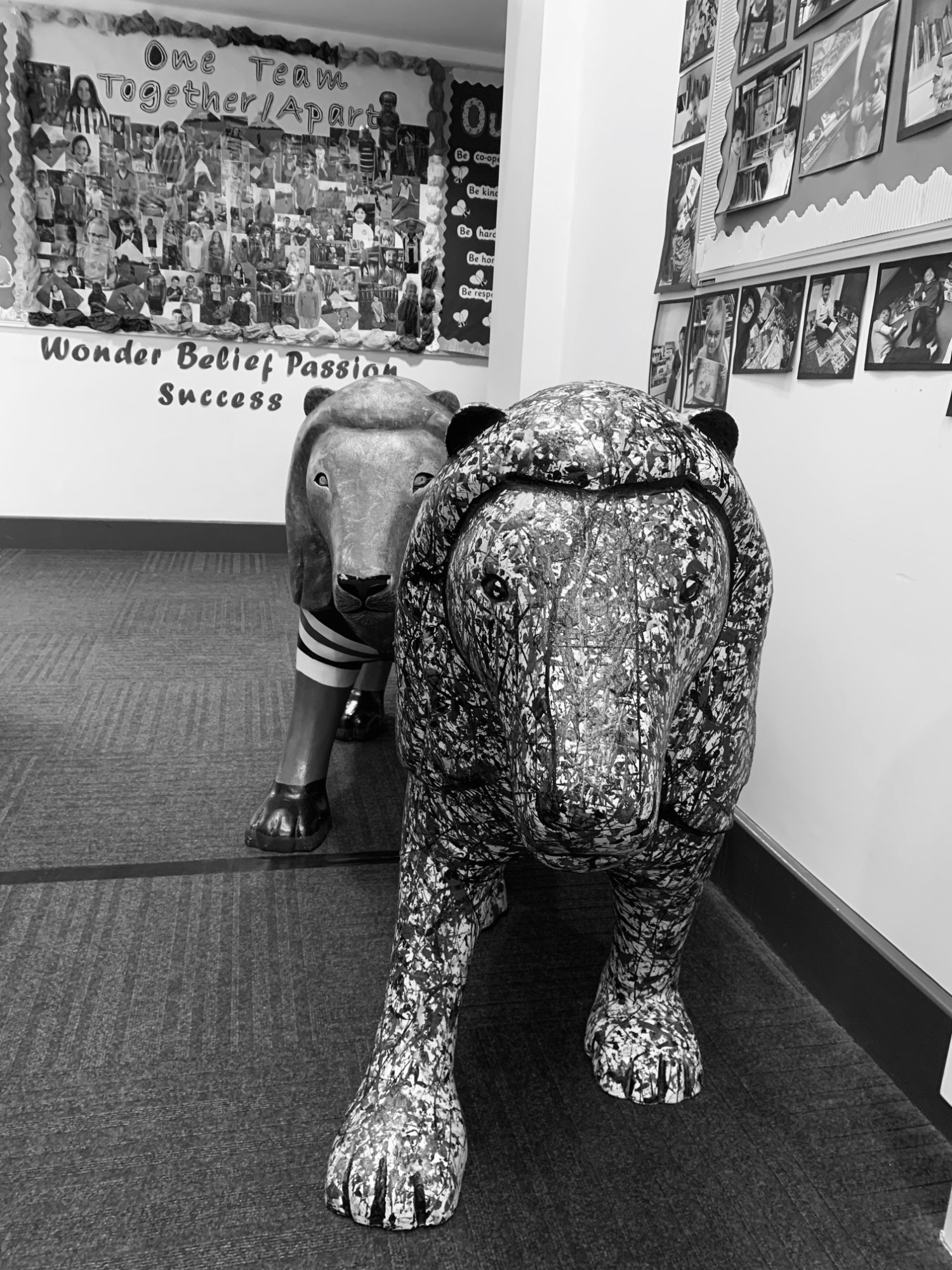 Lion statues in the school corridor